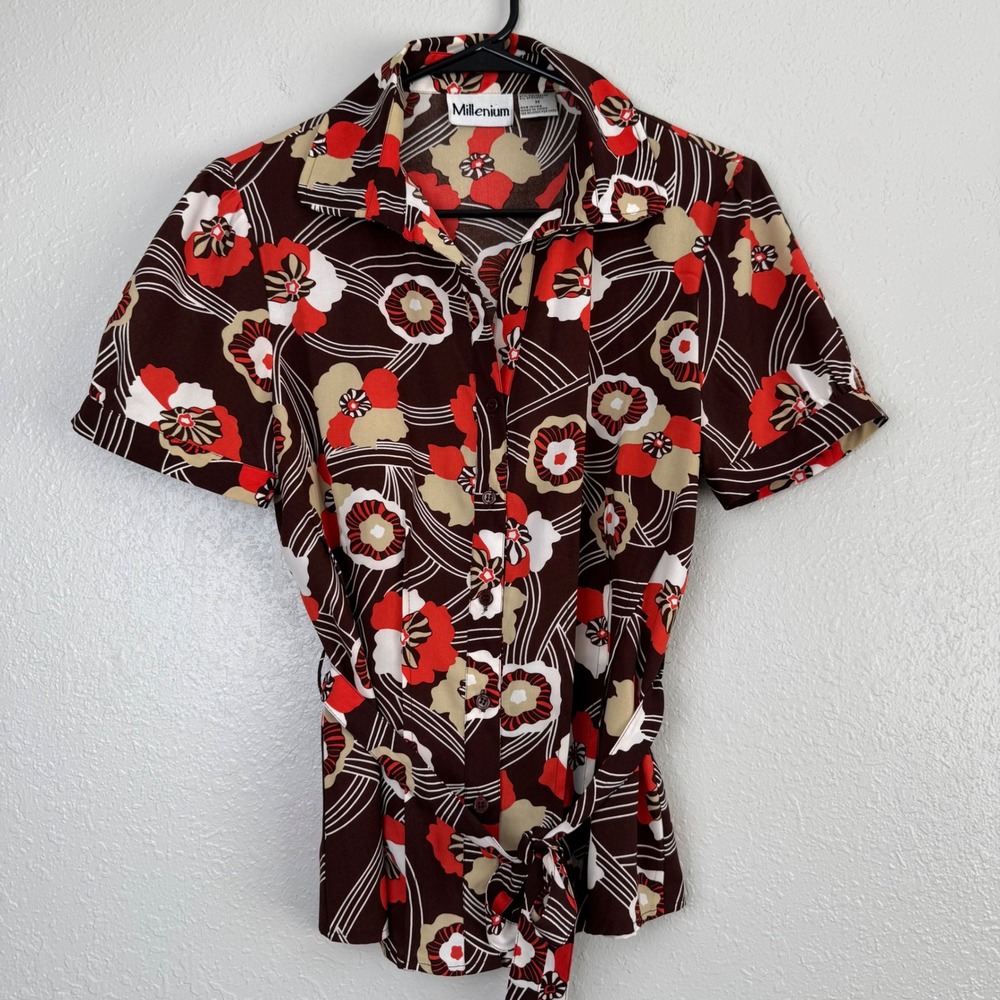 Millenium retro Brown Red Floral Short Sleeve Button Up waist tie Blouse M
